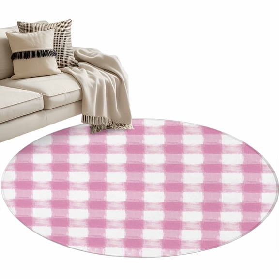 Round Area Rug 3ft Buffalo Check Watercolor Floor Carpets Indoor Floor Area Mat Stain-Proof Mat Circle Rugs for Living Room Dining Room Kitchen Bedroom, Pink Plaid FarmHouse Sofa Throw Carpet