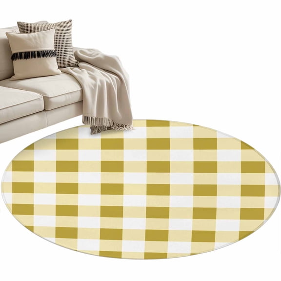 Round Area Rug 3ft Buffalo Plaid Floor Carpets Indoor Floor Area Mat Stain-Proof Mat Circle Rugs for Living Room Dining Room Kitchen Bedroom, Yellow Check Lines Sofa Throw Carpet