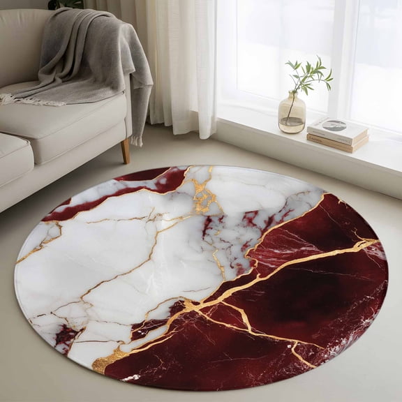 Round Area Rug 3ft, Burgundy Red White Marble Non-Slip Non-Shedding Floor Mat, Modern Abstract Stone Crack Texture Washable Sturdy Carpet for Living Room Bedroom Home Decor