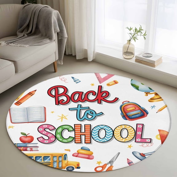 Round Area Rug 3ft, Bus Bag Globe Crayon Desklamp Non-Slip Non-Shedding Floor Mat, Back to School Season Washable Sturdy Carpet for Living Room Bedroom Home Decor