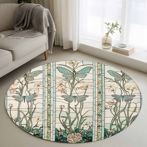 Round Area Rug 3ft Butterfly Circle Kitchen Mats Non-Slip Retro Green Leaves Floral Washable Round Carpet for Kitchen Living Room Bedroom Home Decor