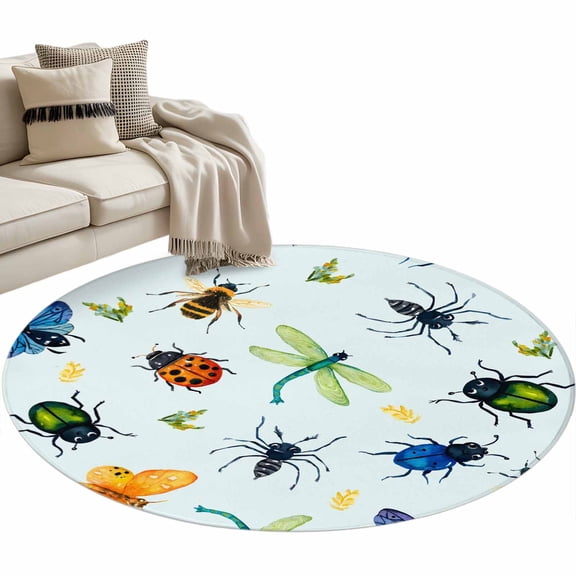 Round Area Rug - 3ft Butterfly Dragonfly Spiders Ladybirds Non Slip Washable Circle Carpet Soft Large Floor Rugs for Living Room Bedroom Nursery Office