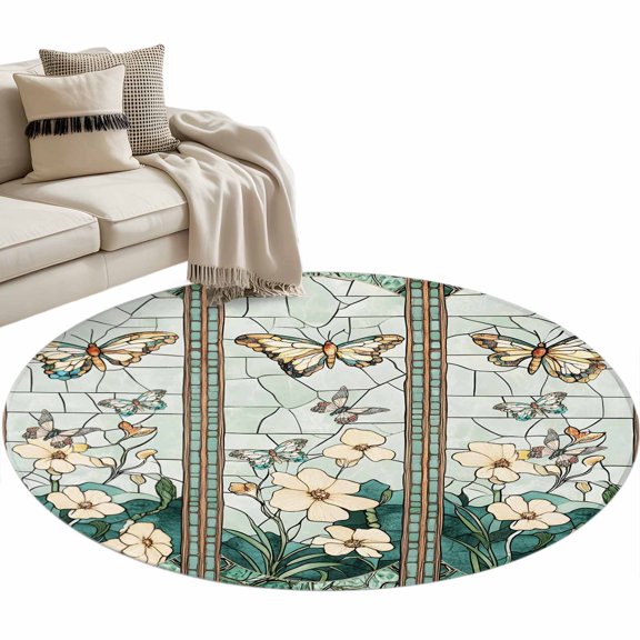 Round Area Rug 3ft Butterfly Floor Carpets Indoor Floor Area Mat Stain-Proof Mat Circle Rugs for Living Room Dining Room Kitchen Bedroom, Green Leaves Floral Sofa Throw Carpet
