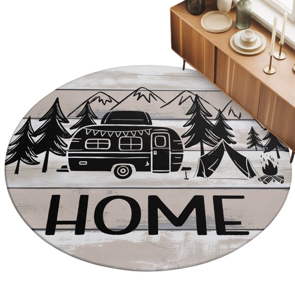 Round Area Rug 3ft Camper Forest Floor Carpets Indoor Floor Area Mat Stain-Proof Mat Circle Rugs for Living Room Dining Room Kitchen Bedroom, Pine Trees Mountain Wood Grain Home Sofa Throw Carpet