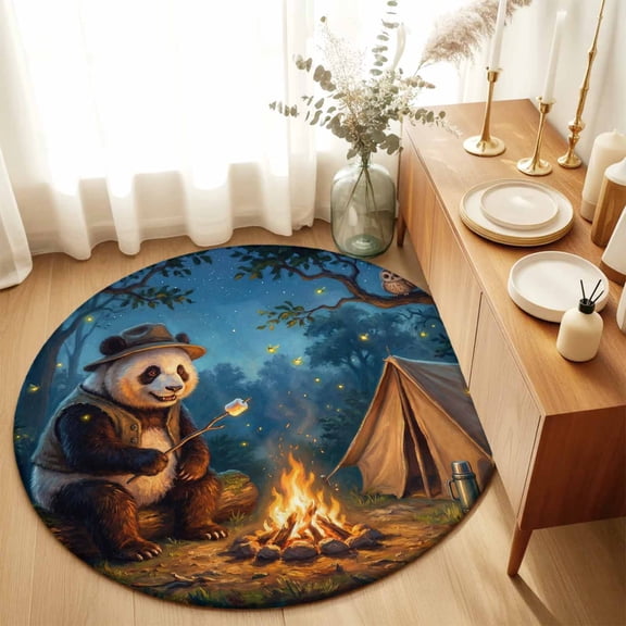 Round Area Rug 3ft,Camping Bonfire Panda Washable Carpet Non-Slip Runner Accent Rugs Indoor Floor Mat for Bedroom Living Room Decor,Nighttime Firefly Owl