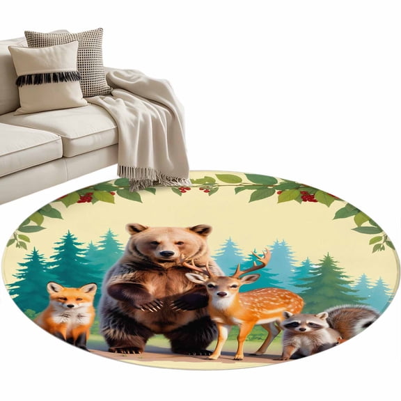 Round Area Rug - 3ft Cartoon Bear Deer Fox Squirrel Non Slip Washable Circle Carpet Soft Large Floor Rugs for Living Room Bedroom Nursery Office