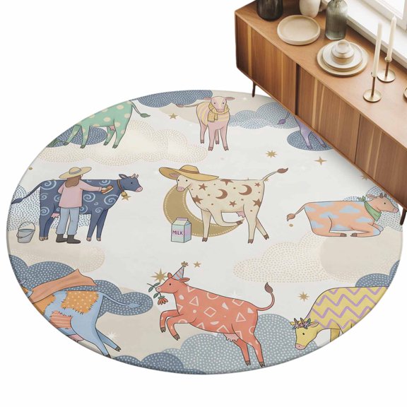 Round Area Rug 3ft Cartoon Cow Floor Carpets Indoor Floor Area Mat Stain-Proof Mat Circle Rugs for Living Room Dining Room Kitchen Bedroom, Farm Animal Daisy Star Cloud Sofa Throw Carpet