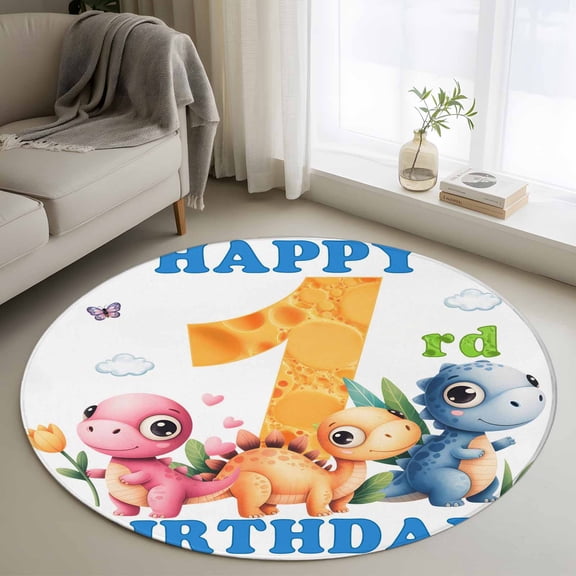 Round Area Rug 3ft,Cartoon Cute Pink Orange Blue Dinosaurs Washable Carpet Non-Slip Runner Accent Rugs Indoor Floor Mat for Bedroom Living Room Decor,Happy Birthday