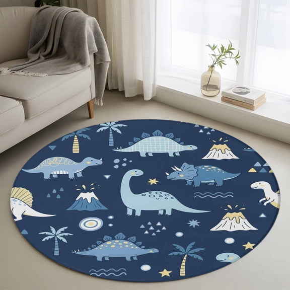 Round Area Rug 3ft, Cartoon Dinosaurs Geometric Non-Slip Non-Shedding Floor Mat, Cute Animal on Deep Blue Washable Sturdy Carpet for Living Room Bedroom Home Decor