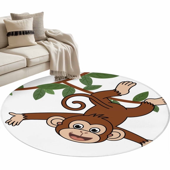 Round Area Rug - 3ft Cartoon Funny Monkey Green Leaves on White Non Slip Washable Circle Carpet Soft Large Floor Rugs for Living Room Bedroom Nursery Office