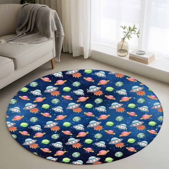 Round Area Rug 3ft, Cartoon Spaceship Dream Planet Non-Slip Non-Shedding Floor Mat, Outer Space Stars Moon Washable Sturdy Carpet for Living Room Bedroom Home Decor