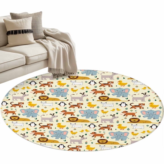 Round Area Rug - 3ft Cartoon Style Animals Tigers Non Slip Washable Circle Carpet Soft Large Floor Rugs for Living Room Bedroom Nursery Office