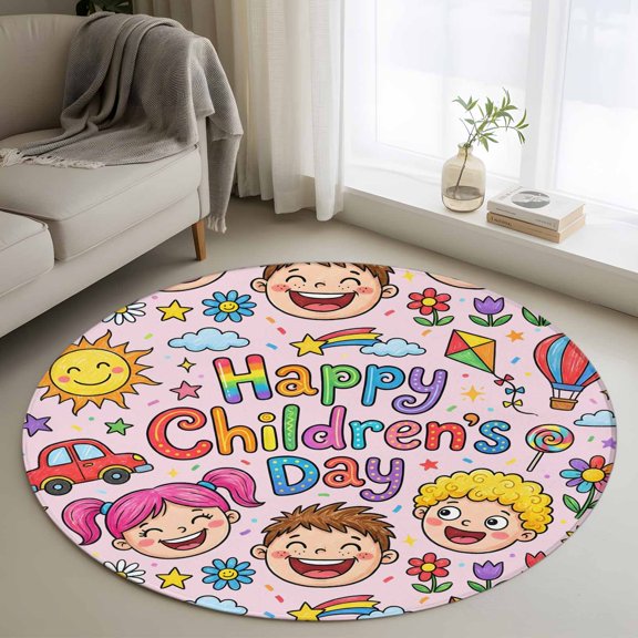 Round Area Rug 3ft,Cartoons Flowers Happy Children's Day Washable Carpet Non-Slip Runner Accent Rugs Indoor Floor Mat for Bedroom Living Room Decor,Lovely Hot Balloons