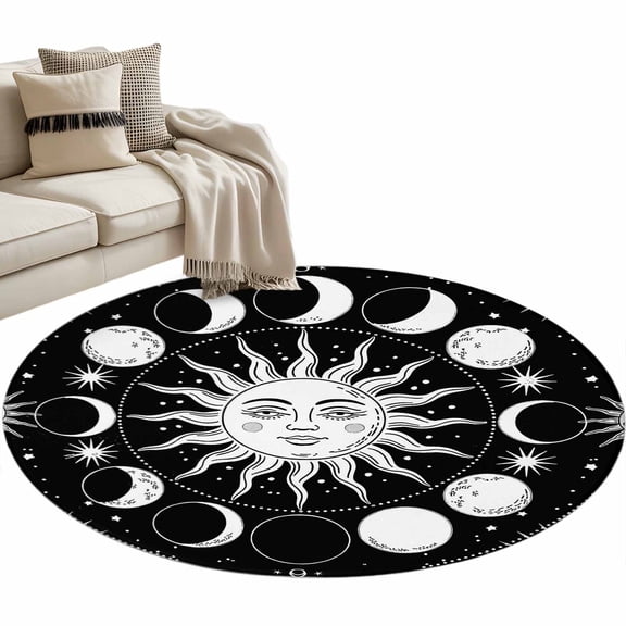 Round Area Rug 3ft Celestial Sun and Moon Floor Carpets Indoor Floor Area Mat Stain-Proof Mat Circle Rugs for Living Room Dining Room Kitchen Bedroom, Black Starry Galaxy Boho Sofa Throw Carpet