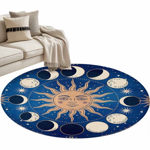 Round Area Rug 3ft Celestial Sun and Moon Floor Carpets Indoor Floor Area Mat Stain-Proof Mat Circle Rugs for Living Room Dining Room Kitchen Bedroom, Blue Starry Galaxy Boho Sofa Throw Carpet