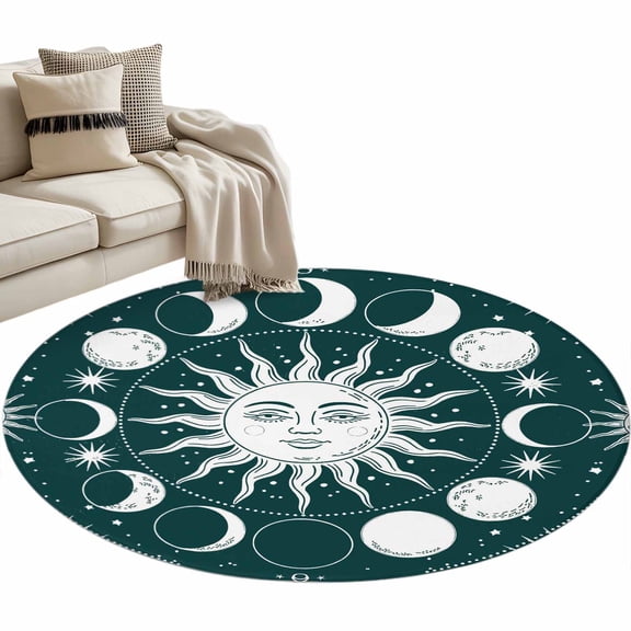 Round Area Rug 3ft Celestial Sun and Moon Floor Carpets Indoor Floor Area Mat Stain-Proof Mat Circle Rugs for Living Room Dining Room Kitchen Bedroom, Green Starry Galaxy Boho Sofa Throw Carpet