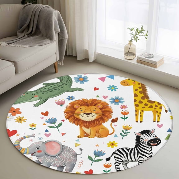 Round Area Rug 3ft,Children's Day Lion Elephant Washable Carpet Non-Slip Runner Accent Rugs Indoor Floor Mat for Bedroom Living Room Decor,Giraffe Zebra Crocodile