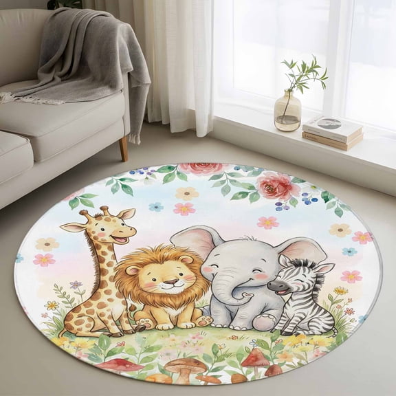 Round Area Rug 3ft,Children's Day Lions Elephants Washable Carpet Non-Slip Runner Accent Rugs Indoor Floor Mat for Bedroom Living Room Decor,Red Rose Zebras Giraffes