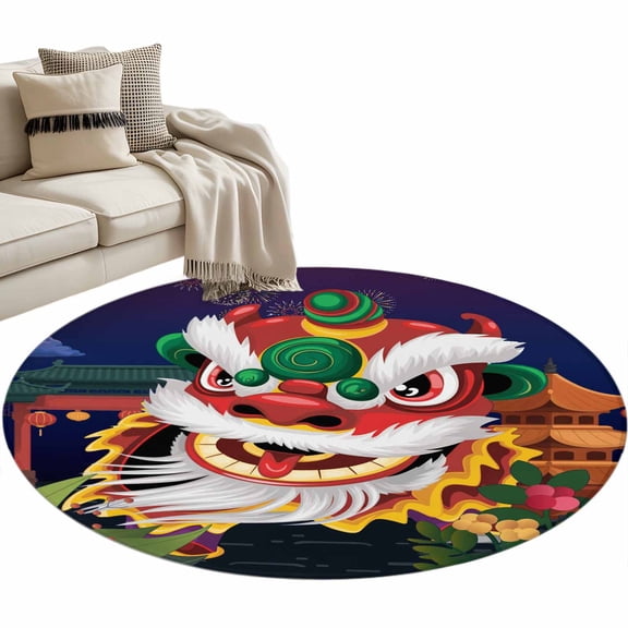 Round Area Rug - 3ft Chinese Wind Lion Dance Non Slip Washable Circle Carpet Soft Large Floor Rugs for Living Room Bedroom Nursery Office