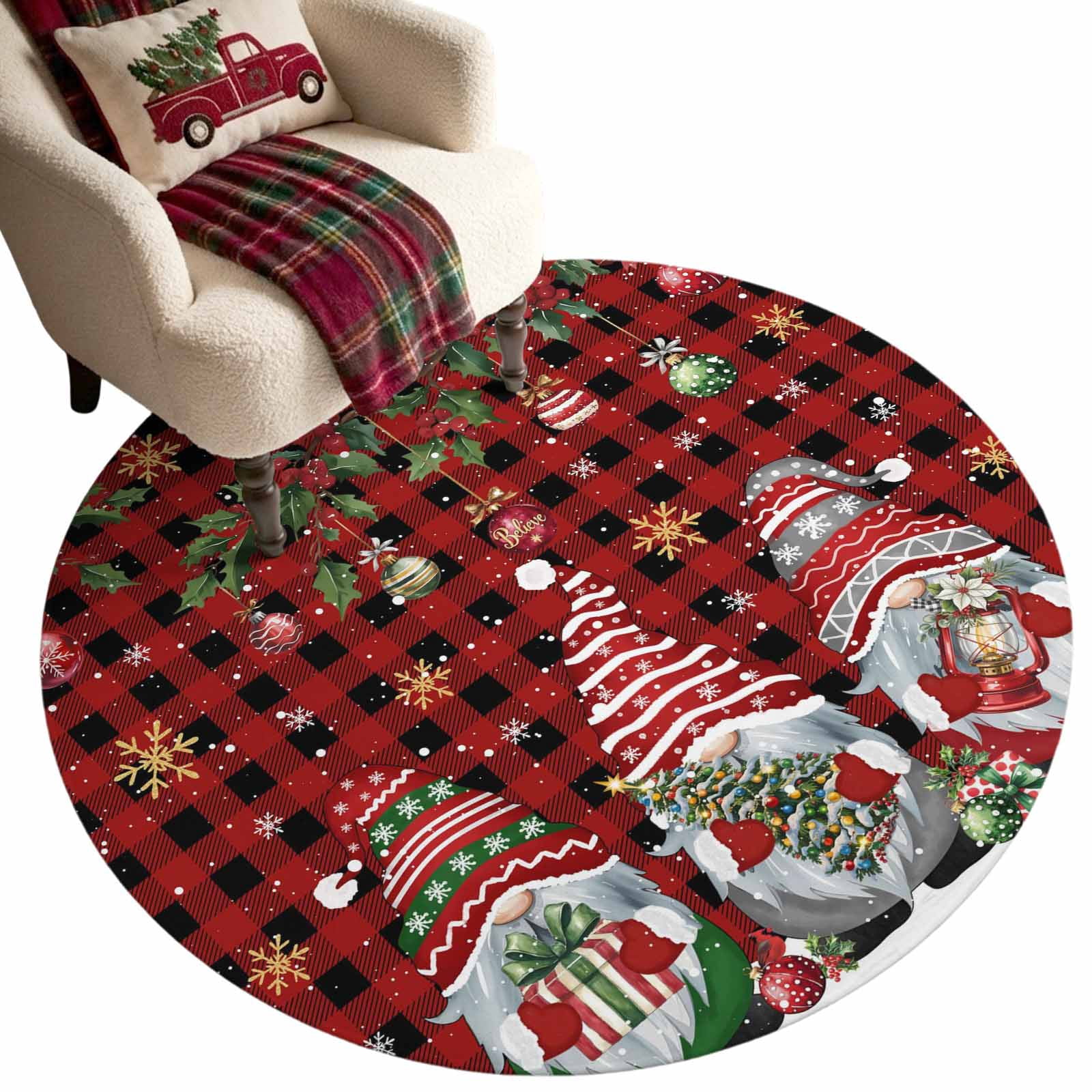 Round Offfice Rugs Round Area Rug - 3ft Christmas Gnome Red Black Checkered Non Slip ...