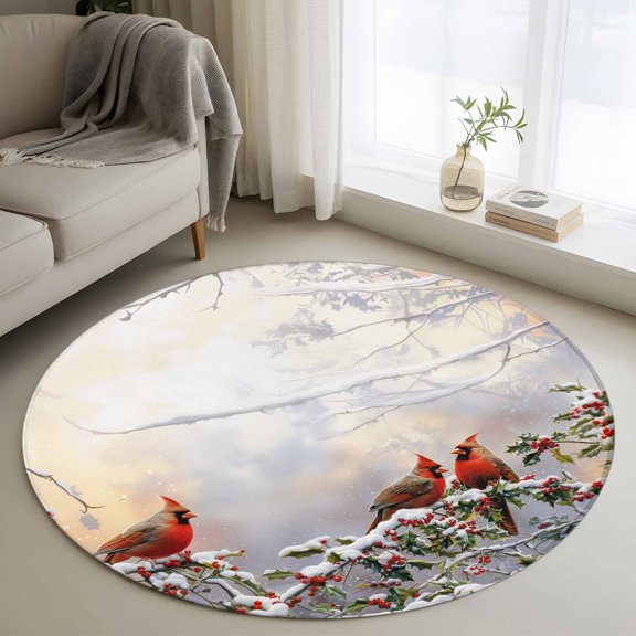 Round Area Rug 3ft Christmas Red Bird on Tree Branch Area Rugs Washable Low Pile Floor Carpet for Bedroom, Winter Berry Snow Scenery Non Slip Soft Rugs for Living Room Entryway Dining Room