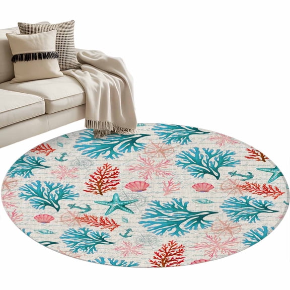 Round Area Rug - 3ft Coastal Blue Coral Nautical Compass Non Slip Washable Circle Carpet Soft Large Floor Rugs for Living Room Bedroom Nursery Office