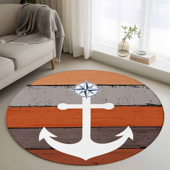 Round Area Rug 3ft,Coastal Nautical Compass Orange Gradient Washable Carpet Non-Slip Runner Accent Rugs Indoor Floor Mat for Bedroom Living Room Decor,Vintage Farm Wood Board