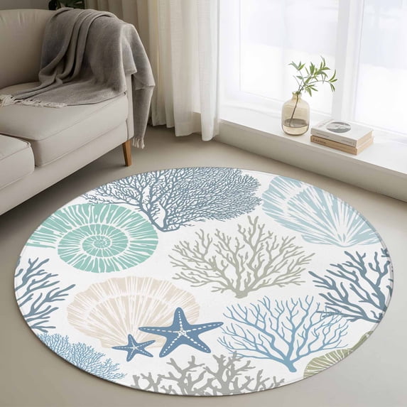 Round Area Rug 3ft, Coastal Non-slip Area Rugs for Living Room/Bedroom/Bathroom/Kitchen, Summer Beach Nautical Coral Starfish Washable Throw Floor Mat Indoor Outdoor Entrance Doormat