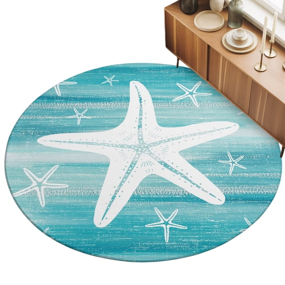 Round Area Rug 3ft Coastal Ocean Starfish Floor Carpets Indoor Floor Area Mat Stain-Proof Mat Circle Rugs for Living Room Dining Room Kitchen Bedroom, Nautical Aqua Graffiti Sofa Throw Carpet