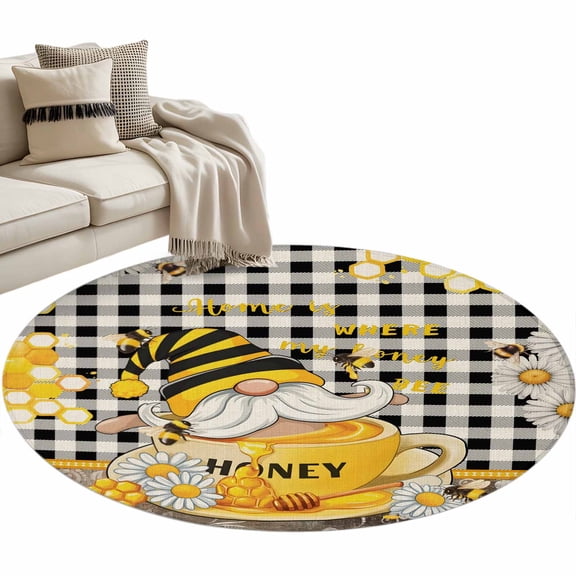 Round Area Rug 3ft, Coffee Cup Bee Gnome Black Buffalo Plaid Non-Slip Non-Shedding Floor Mat, Yellow Daisy Flower Washable Sturdy Carpet for Living Room Bedroom Home Decor