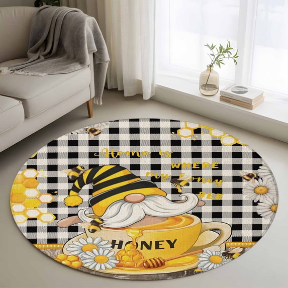 Round Area Rug 3ft,Coffee Cup Bee Gnome Black Buffalo Plaid Washable Carpet Non-Slip Runner Accent Rugs Indoor Floor Mat for Bedroom Living Room Decor,Yellow Daisy Flower