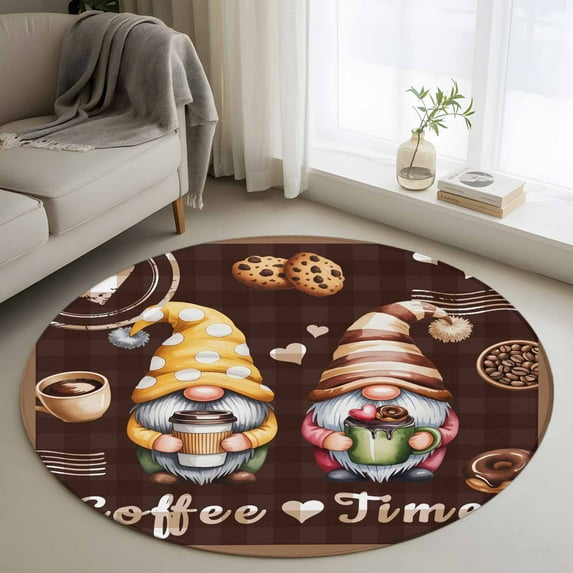 Round Area Rug 3ft,Coffee Time Gnomes Washable Carpet Non-Slip Runner Accent Rugs Indoor Floor Mat for Bedroom Living Room Decor,Ququ Cookies Donut Dwarfs