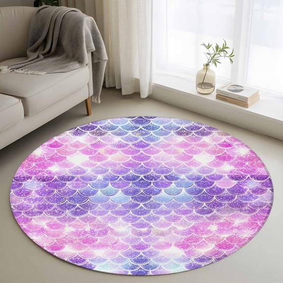 Round Area Rug 3ft, Colorful Mermaid Scales Non-Slip Non-Shedding Floor Mat, Sparkling Ocean Under The Sea Washable Sturdy Carpet for Living Room Bedroom Home Decor
