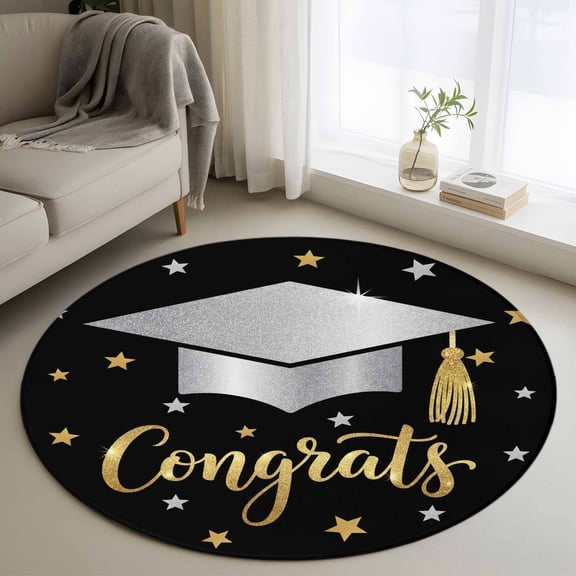 Round Area Rug 3ft Congrats Bachelor's Hat Floor Carpets Indoor Floor Area Mat Stain-Proof Mat Circle Rugs for Living Room Dining Room Kitchen Bedroom, Stars Graduate Season Sofa Throw Carpet