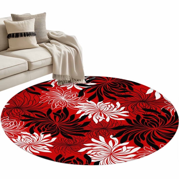 Round Area Rug - 3ft Country Chrysanthemum on Red Non Slip Washable Circle Carpet Soft Large Floor Rugs for Living Room Bedroom Nursery Office
