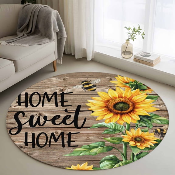 Round Area Rug 3ft,Country Sunflower Bee Green Leaves Washable Carpet Non-Slip Runner Accent Rugs Indoor Floor Mat for Bedroom Living Room Decor,Farm Retro Wood Board