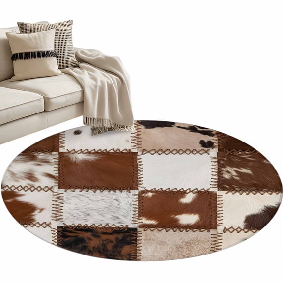 Round Area Rug 3ft Cow Animal Fur Skin Floor Carpets Indoor Floor Area Mat Stain-Proof Mat Circle Rugs for Living Room Dining Room Kitchen Bedroom, Western Cowboy Sofa Throw Carpet