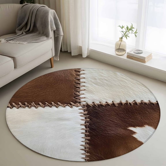 Round Area Rug 3ft, Cowhide Leather Collage Art Non-Slip Non-Shedding Floor Mat, Abstract Animal Skin Washable Sturdy Carpet for Living Room Bedroom Home Decor
