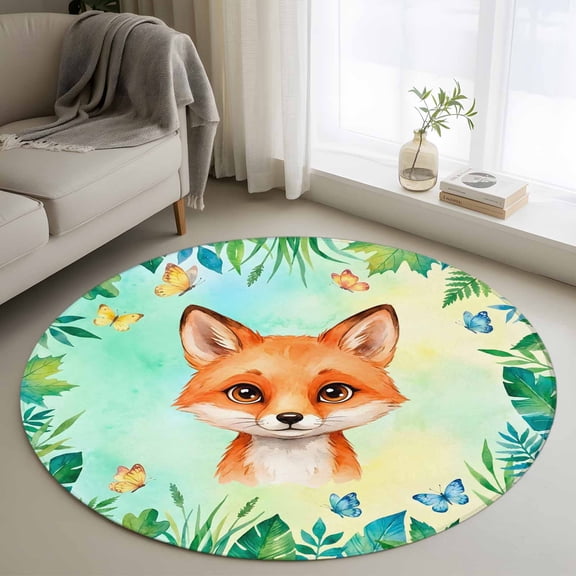 Round Area Rug 3ft, Cute Cartoon Animal Small Foxes Non-Slip Non-Shedding Floor Mat, Tropical Plants Leaves Washable Sturdy Carpet for Living Room Bedroom Home Decor