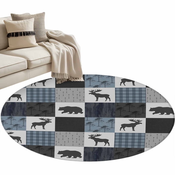 Round Area Rug-3ft Deer Bear Retro Grey Plaid Non Slip Washable Circle Carpet Soft Large Floor Rugs for Living Room Bedroom Nursery Office