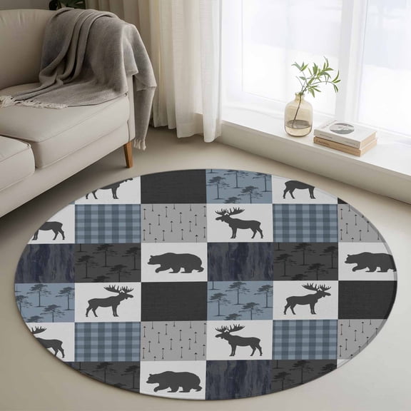 Round Area Rug 3ft,Deer Bear Retro Grey Plaid Washable Carpet Non-Slip Runner Accent Rugs Indoor Floor Mat for Bedroom Living Room Decor,Forest Animal Shadow