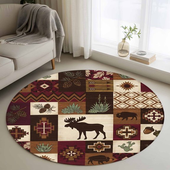 Round Area Rug 3ft, Deer Farm Wood Grain Non-Slip Non-Shedding Floor Mat, Retro Ethnic Style Washable Sturdy Carpet for Living Room Bedroom Home Decor