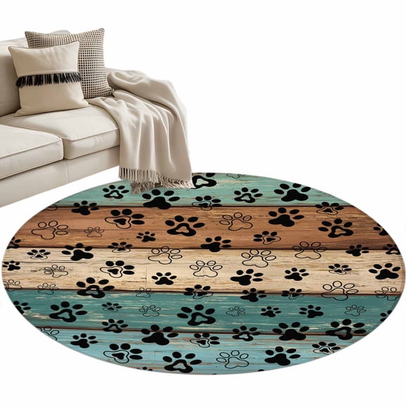 Round Area Rug 3ft Dog Paw Floor Carpets Indoor Floor Area Mat Stain-Proof Mat Circle Rugs for Living Room Dining Room Kitchen Bedroom, Pets Print Teal Brown Wood Grain Sofa Throw Carpet