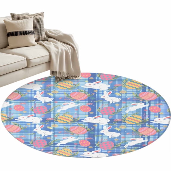 Round Area Rug 3ft, Easter Egg Bunny Country Herb Non-Slip Non-Shedding Floor Mat, Farm Rabbit Gingham Check Washable Sturdy Carpet for Living Room Bedroom Home Decor