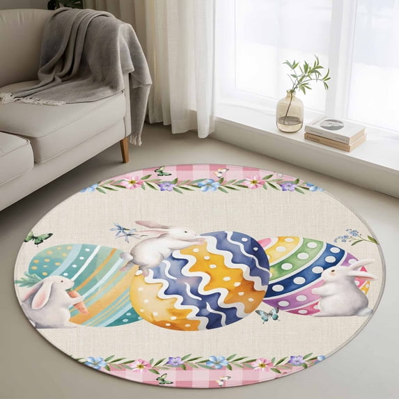 Round Area Rug 3ft, Easter Egg Rabbit Retro Linen Non-Shedding Washable Area Rug, Butterfly Leaf Pink Checkered Non Slip Low-Profile Circle Rugs for Living Room, Bedroom Dining Room