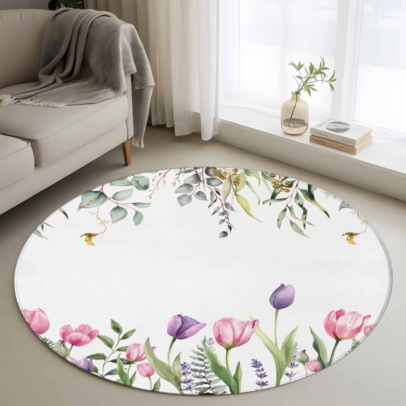Round Area Rug 3ft, Easter Flowers Tulips Non-Shedding Washable Area Rug, Watercolor Spring Floral Art Non Slip Low-Profile Circle Rugs for Living Room, Bedroom Dining Room