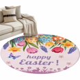 thumbnail image 1 of Round Area Rug 3ft, Easter Rabbit Colorful Eggs Non-Slip Non-Shedding Floor Mat, Spring Tulip Flower on Purple Washable Sturdy Carpet for Living Room Bedroom Home Decor, 1 of 9