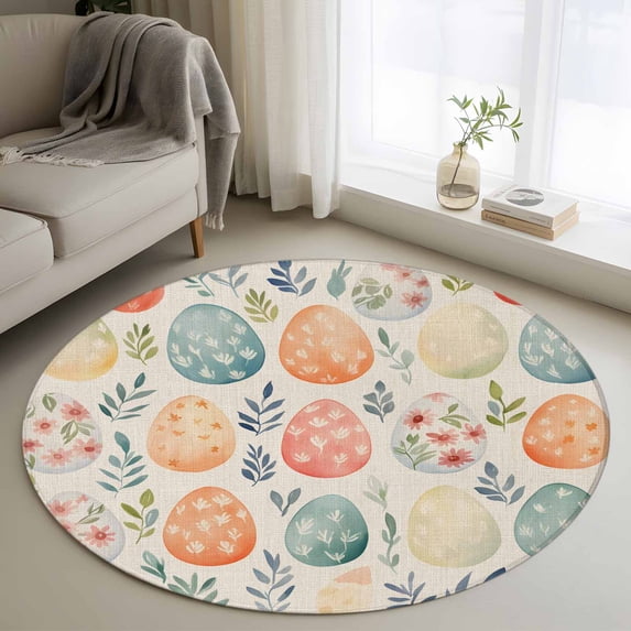 Round Area Rug 3ft, Easter Watercolor Egg Retro Linen Non-Shedding Washable Area Rug, Spring Gradient Leaves Non Slip Low-Profile Circle Rugs for Living Room, Bedroom Dining Room