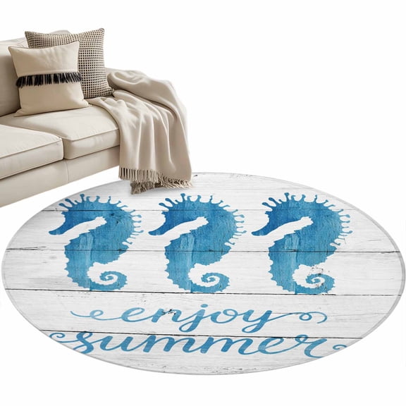 Round Area Rug - 3ft Enjoy Summer Words Seahorses Non Slip Washable Circle Carpet Soft Large Floor Rugs for Living Room Bedroom Nursery Office