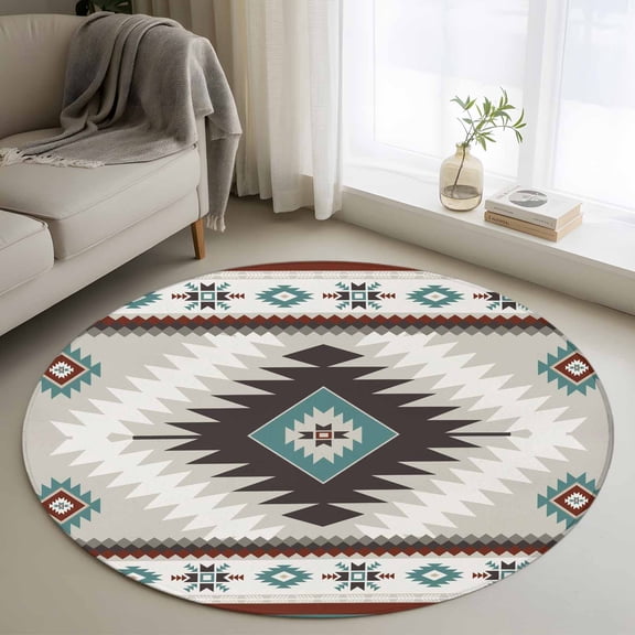 Round Area Rug 3ft,Ethnic Tribal Geometric Pattern Washable Carpet Non-Slip Runner Accent Rugs Indoor Floor Mat for Bedroom Living Room Decor,Aztec Boho Native Texture